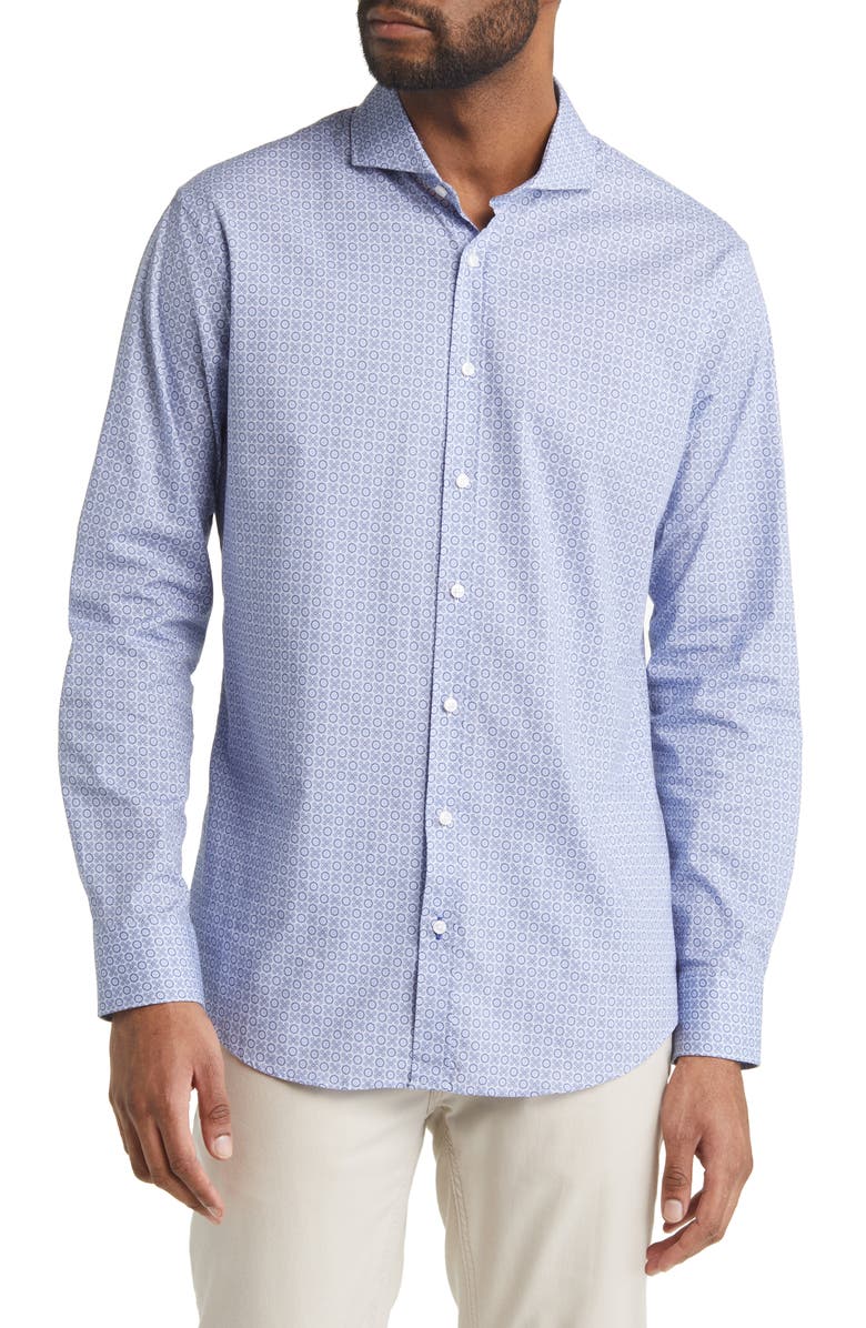 Brax Harold Geo Print Hi Flex Stretch Cotton Button-Up Shirt, Main, color, Cobalt