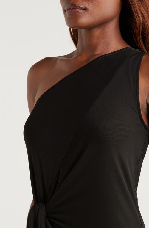 Elan One-shoulder Knotted Mesh Cover-up Dress In Solid Black