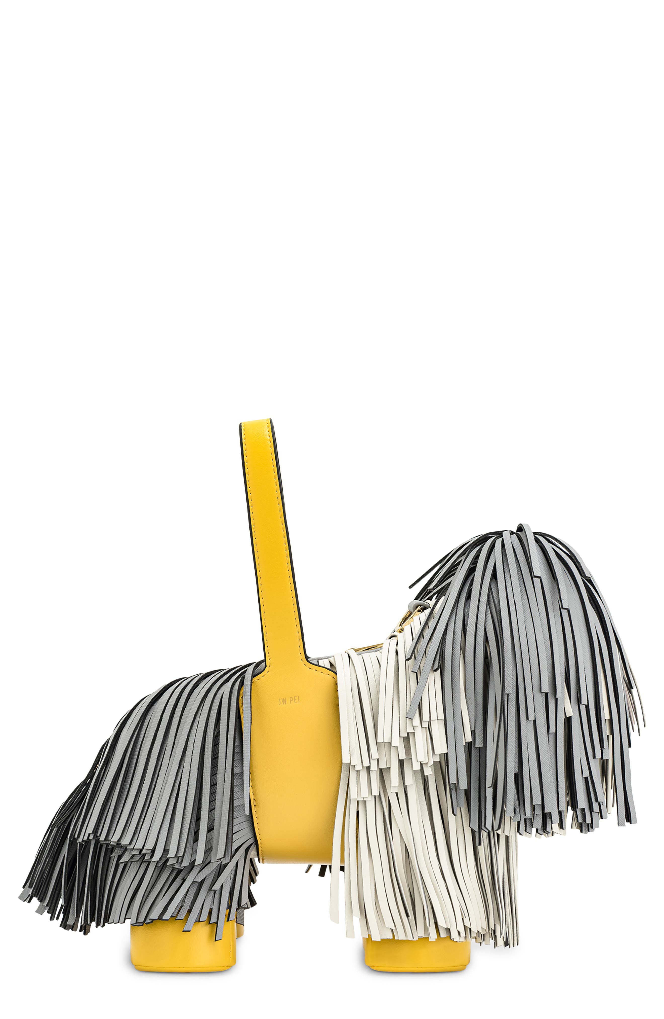 JW PEI Nita Puppy Shape Fringed Faux Leather Handbag, Main, color, Gray