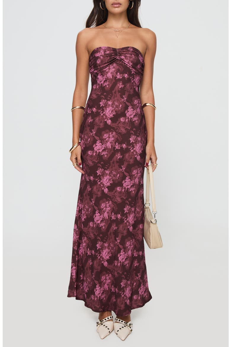 Abeila Floral Strapless Maxi Dress, Main, color, BURGUNDY