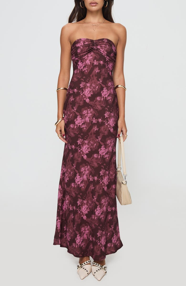 Princess Polly Abeila Floral Strapless Maxi Dress, Main, color, Burgundy