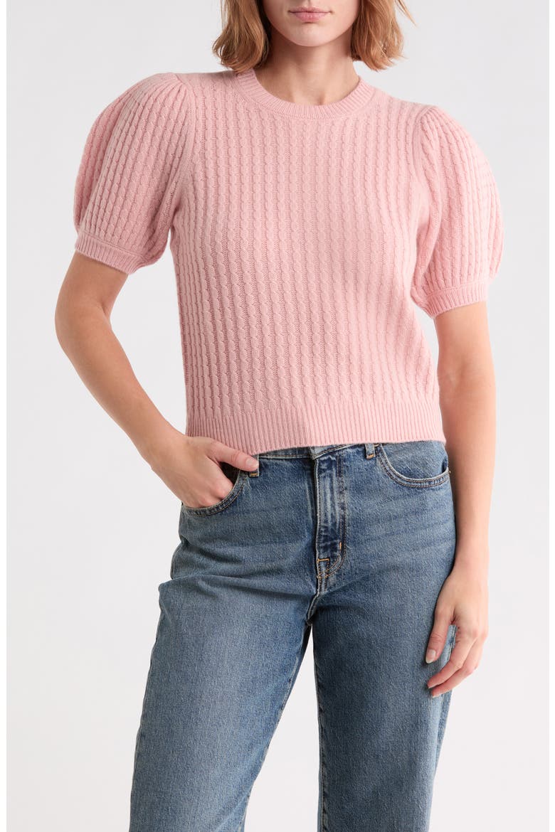 Lucerne Cable Stitch Puff Sleeve Sweater, Main, color, PALE PINK