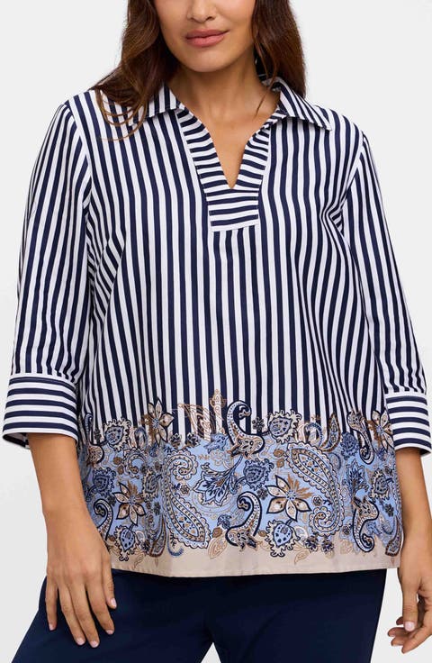 Julia Stripe Cotton Popover Top (Plus)