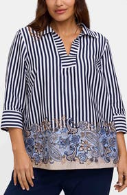 Foxcroft Julia Stripe Cotton Popover Top