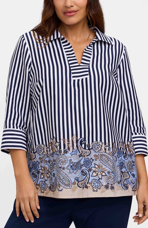 Foxcroft Julia Stripe Cotton Popover Top In Blue