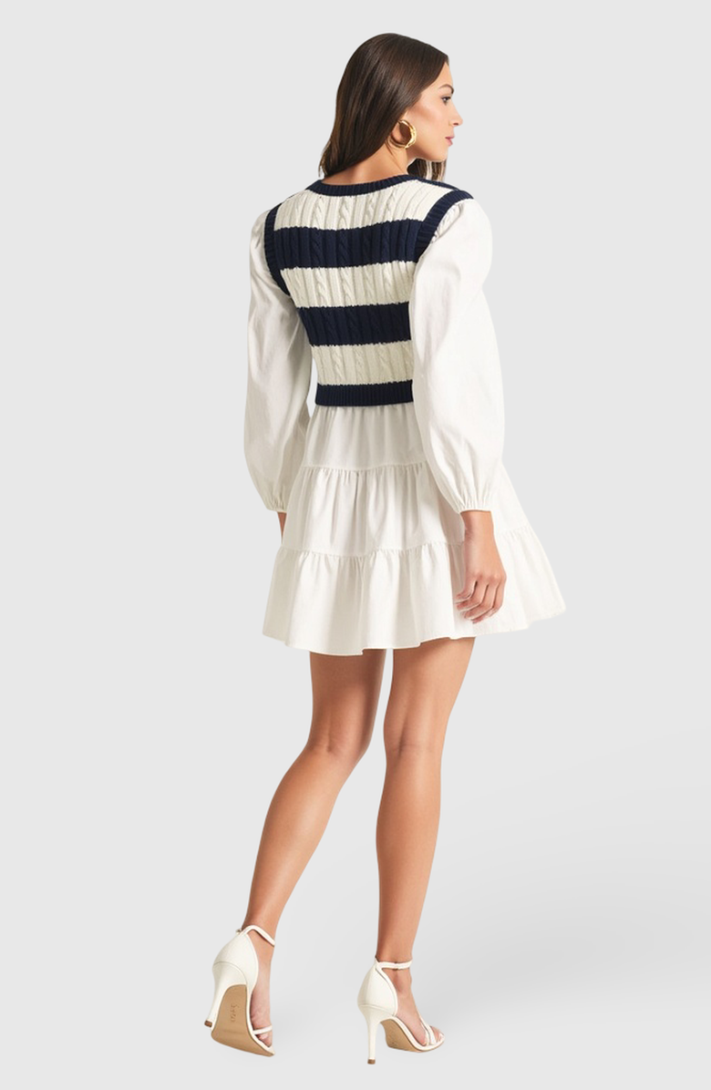 Modenaire Tiered Long Sleeve Mini Dress with Striped Knit Sweater Overlay, Alternate, color, 