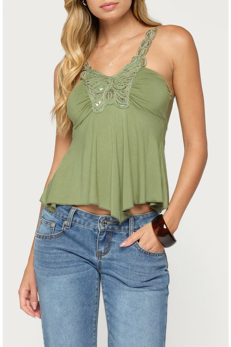 Rania Sequin Butterfly Handkerchief Hem Tank, Main, color, OLIVE