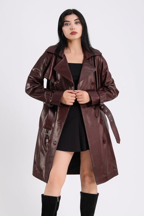 Furniq Uk Soho Leather Trench Coat In Burgundy