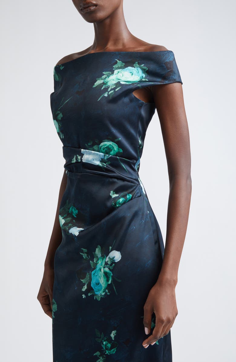 Erdem Floral Print Off The Shoulder Duchesse Satin Gown, Alternate, color, Abstract Rose Navy