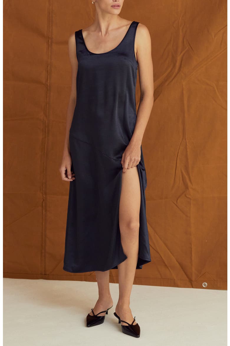 Crushed Satin Tank Midi Dress, Alternate, color, Midnight Blue