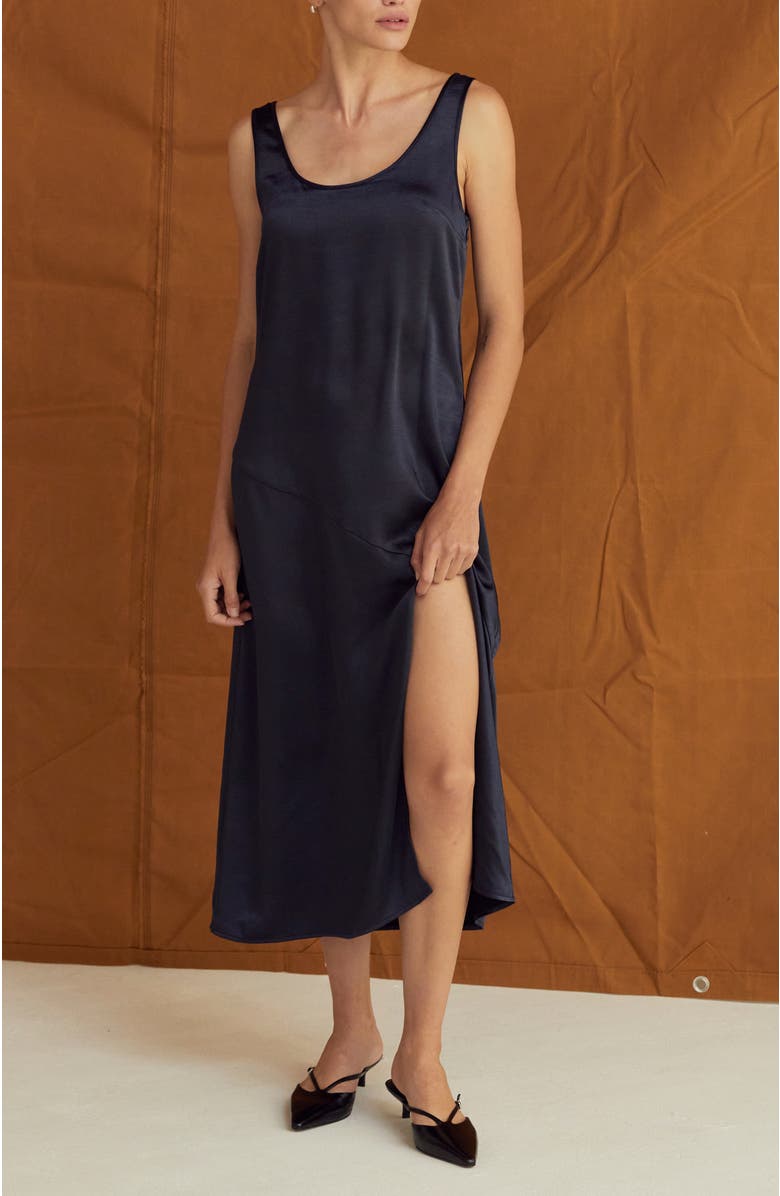 CRESCENT Crushed Satin Tank Midi Dress, Alternate, color, Midnight Blue