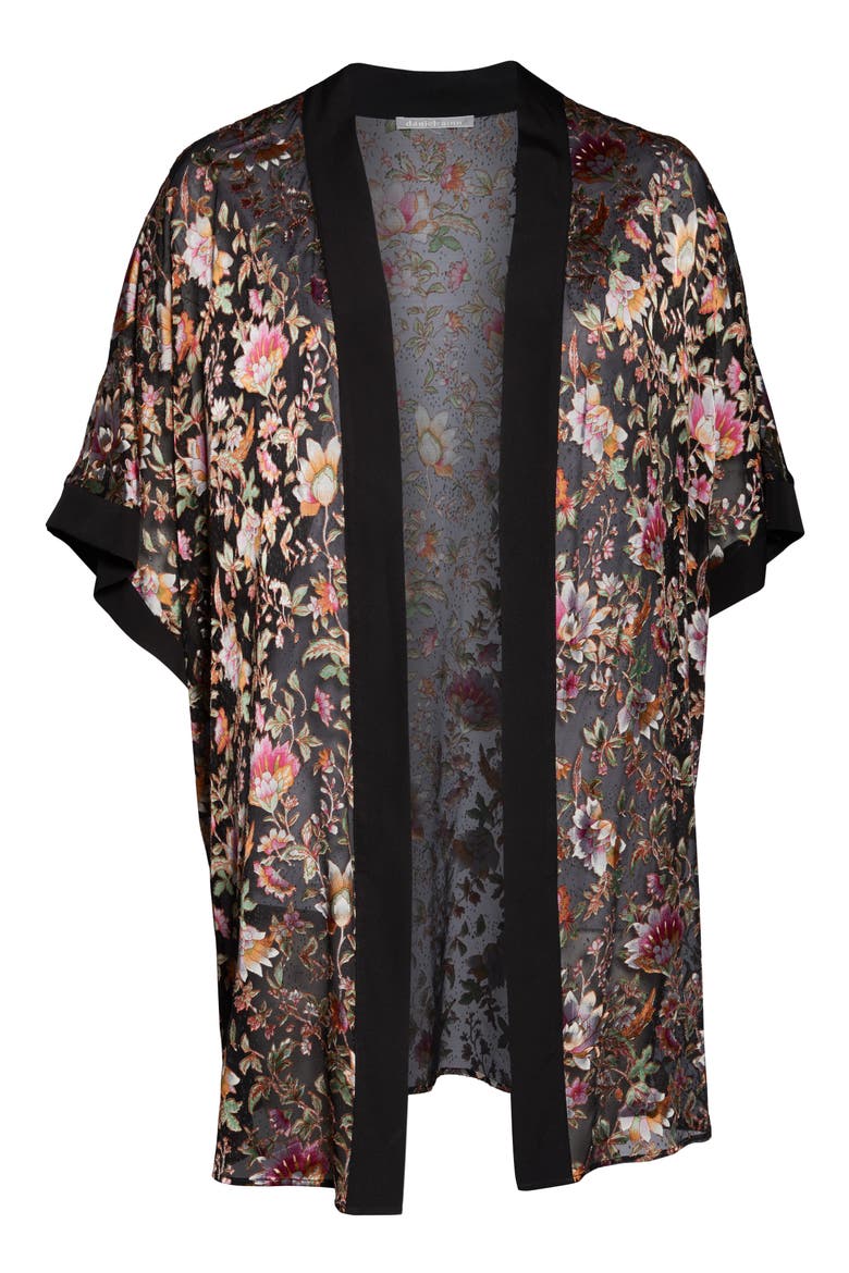 Daniel Rainn Floral Satin Burnout Open Front Topper, Alternate, color, BLACK