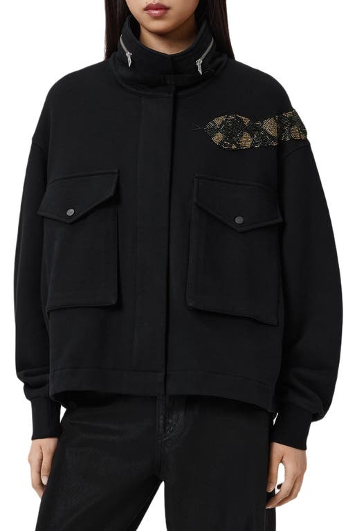 Allsaints Womens Black Ouros Clarie Snake-embellished Cotton Jacket Xs In Black