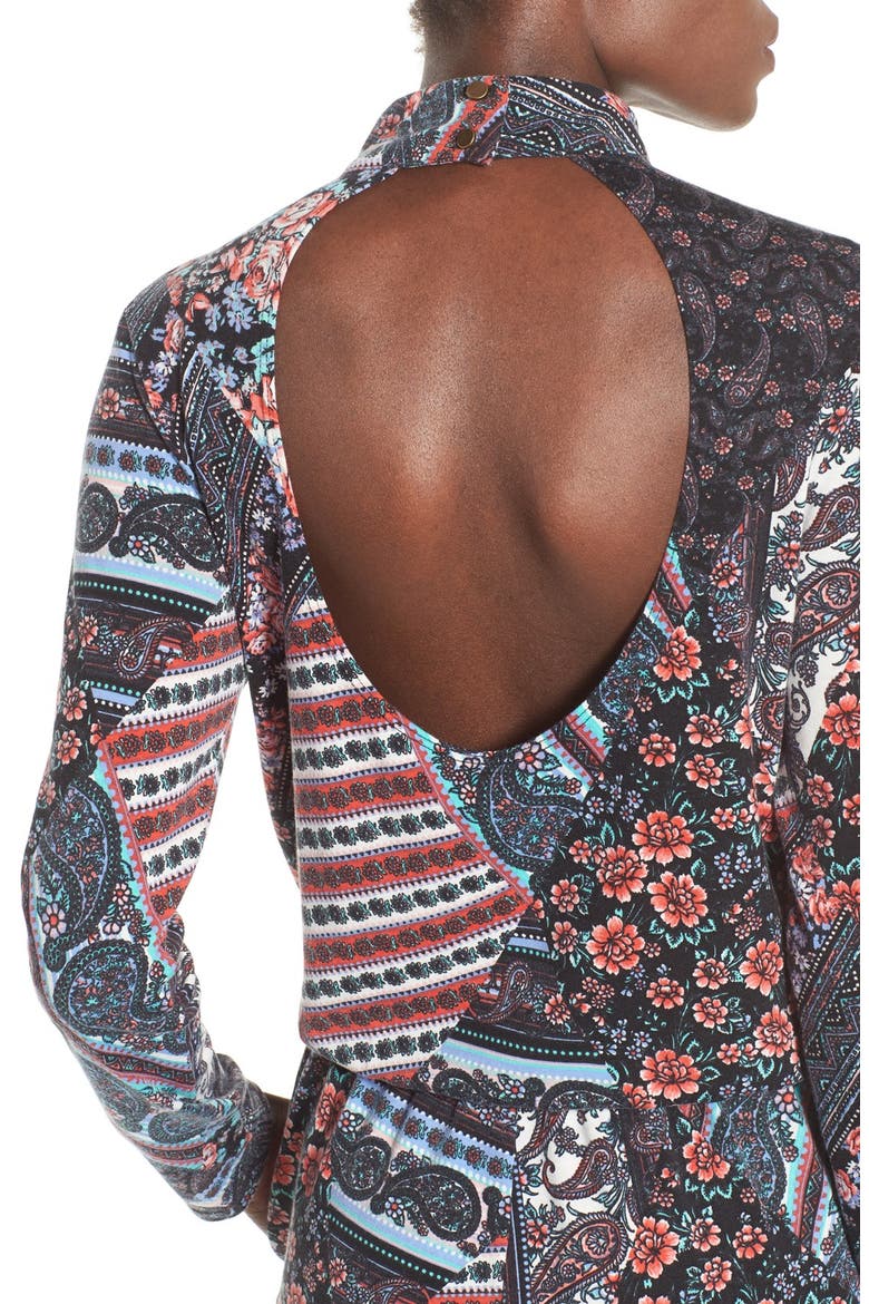 Long Sleeve Mixed Print Romper, Alternate, color, GREY/ PINK