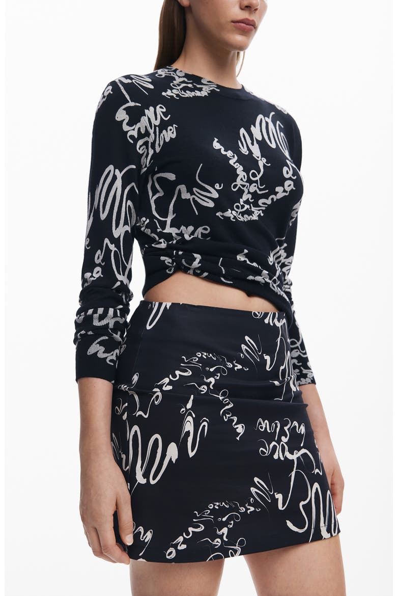 Sketchbook Print Miniskirt, Alternate, color, BLACK