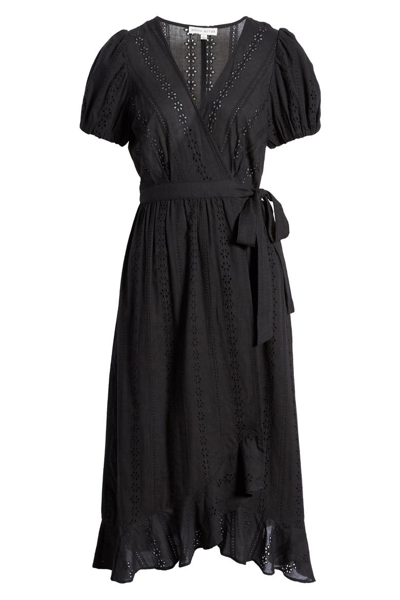 Puff Sleeve Eyelet Wrap Dress, Alternate, color, BLACK