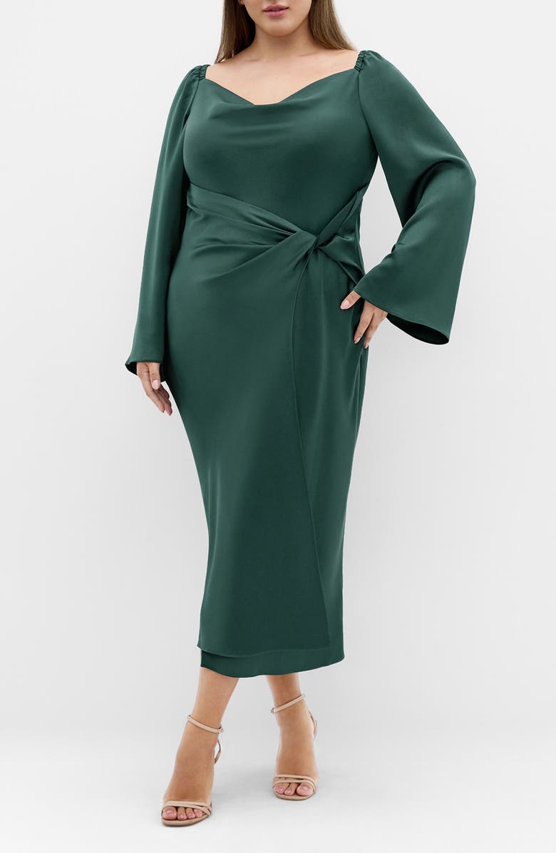 City Chic Adelina Long Sleeve Satin Midi Dress, Main, color, Forest