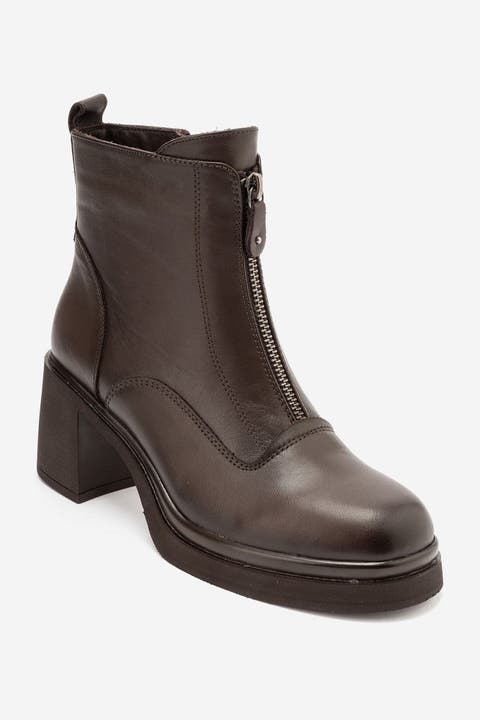 Stena Leather Front Zip Block Heel Boot