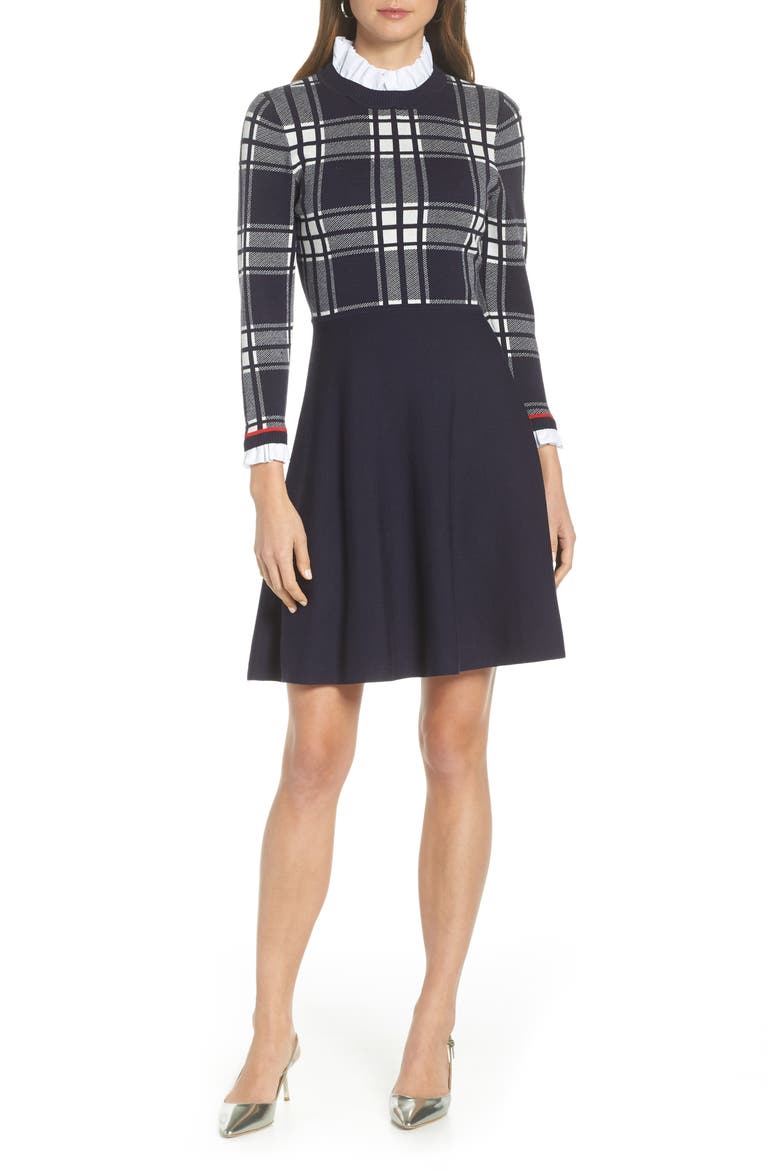 Plaid Bodice Long Sleeve Sweater Dress, Main, color, NAVY PLAID