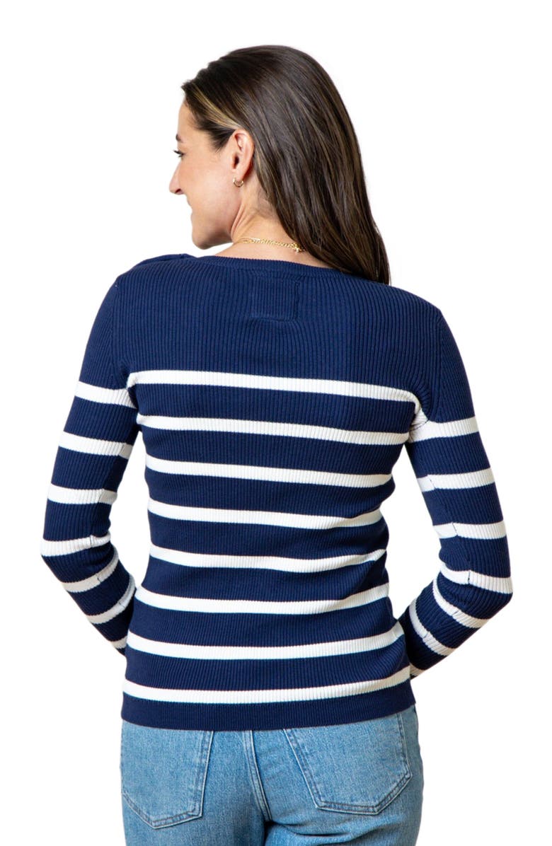 Hope & Henry Women's Crew Neck Button Sweater, Alternate, color, Navy Breton Stripe