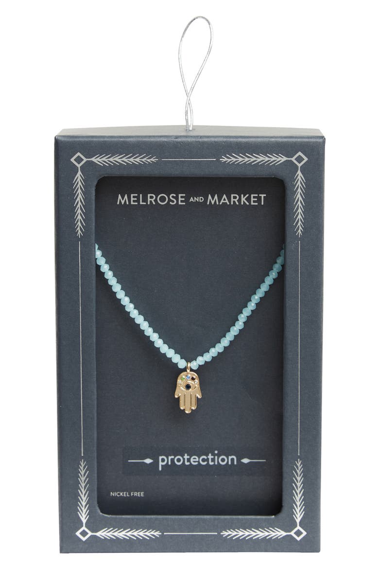 Hamsa Medallion Beaded CZ Necklace, Main, color, AQUA- GOLD