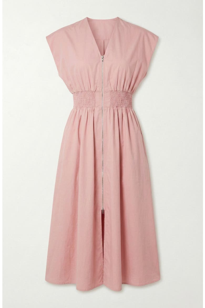 Cap Sleeve Smocked Front Zip Midi Dress, Alternate, color, Blush Pink