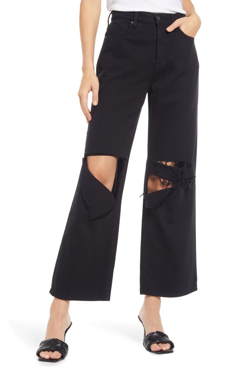 Distressed High Waist Wide Leg Jeans, Main, color, BLACK