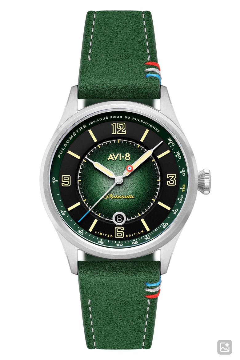 Flyboy Lafayette Automatic 110th Anniversary Limited Edition Leather Strap Watch, 42mm, Main, color, GREEN