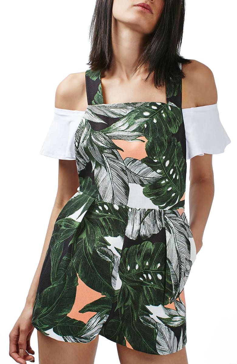 Topshop Leaf Print Ring Back Romper, Main, color, 