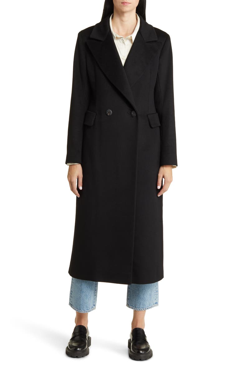 Leo Double Breasted Longline Cashmere Coat, Main, color, BLACK