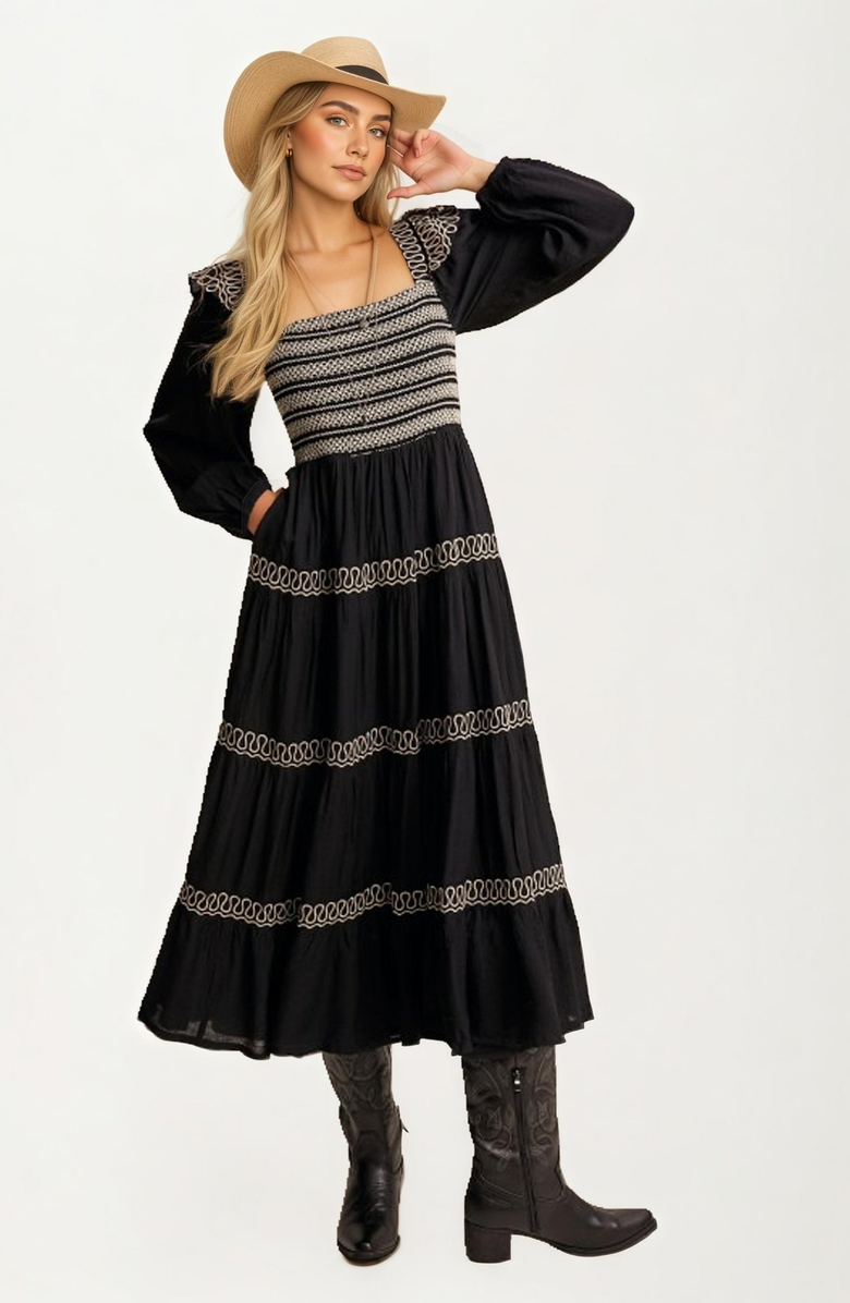 Knit and Lounge Smocked Bodice Tiered Maxi Dress with Embroidered Trim, Alternate, color, Black