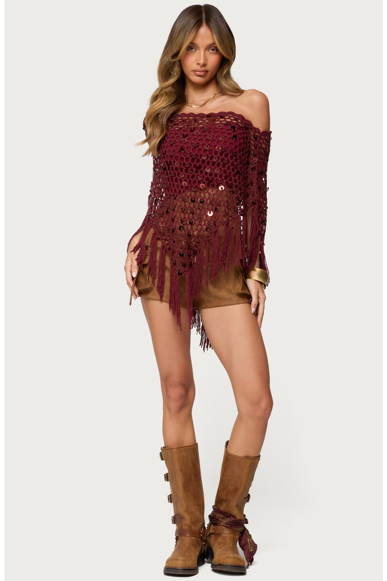 Open Stitch Sequin Fringe Poncho, Alternate, color, BURGUNDY