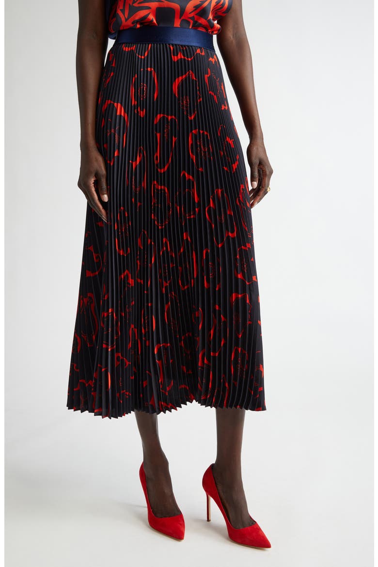 '50s Floral Print Pleated Skirt, Main, color, MIDNIGHT/ GERANIUM