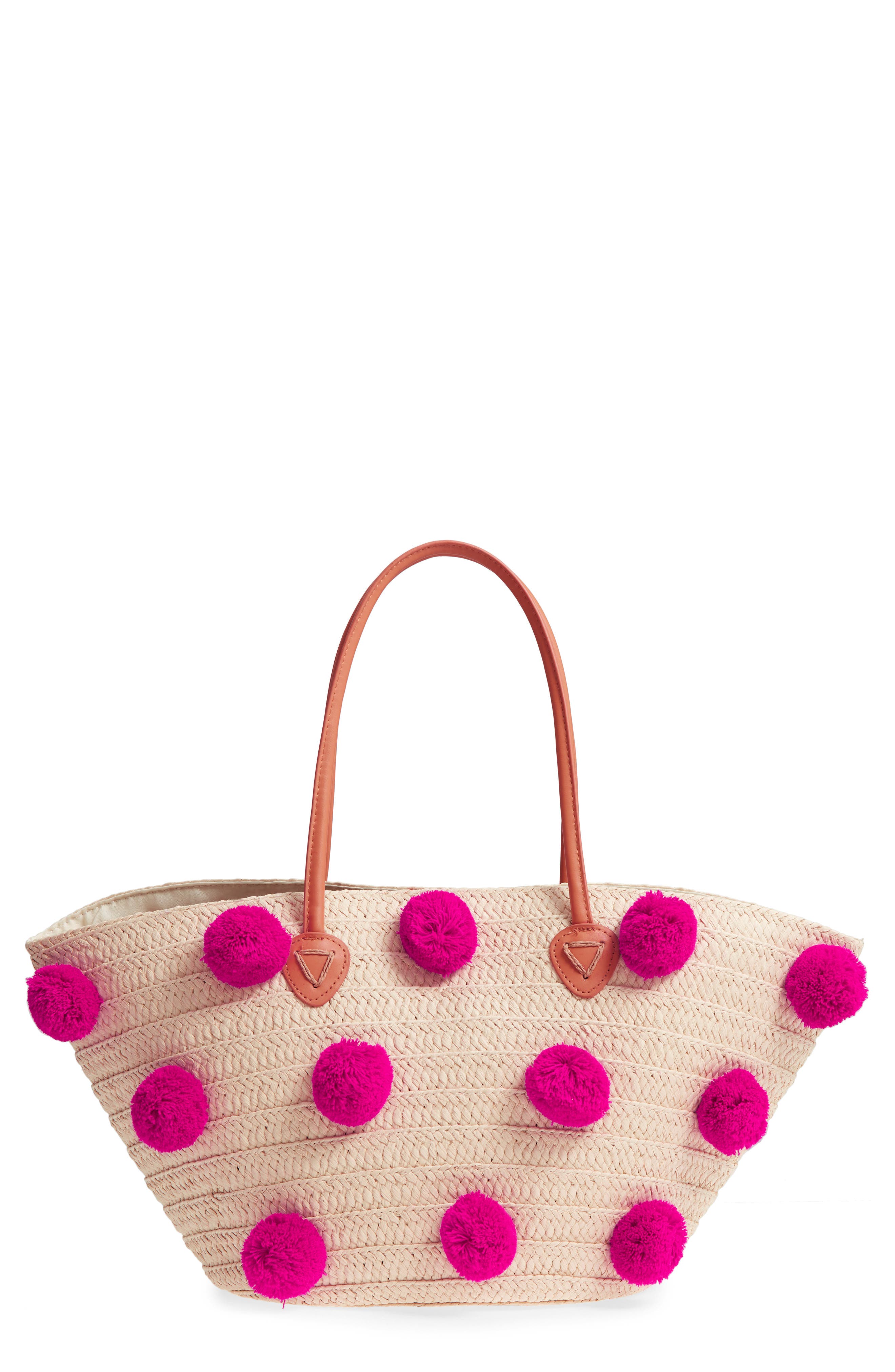 Shiraleah Klo Pompom Straw Tote, Main, color, 