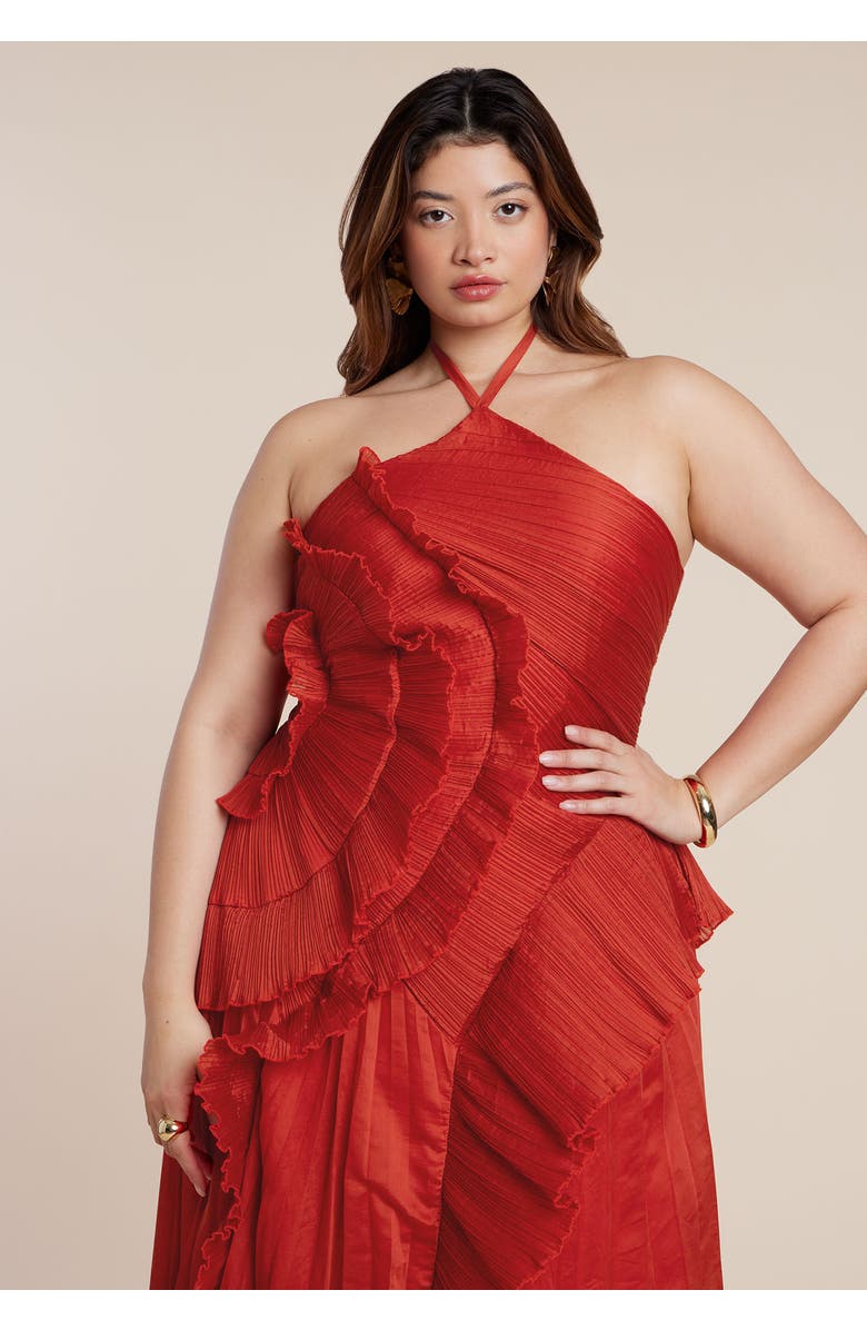 ELOQUII Pleated Ruffle Detail Gown, Alternate, color, Fire Whirls