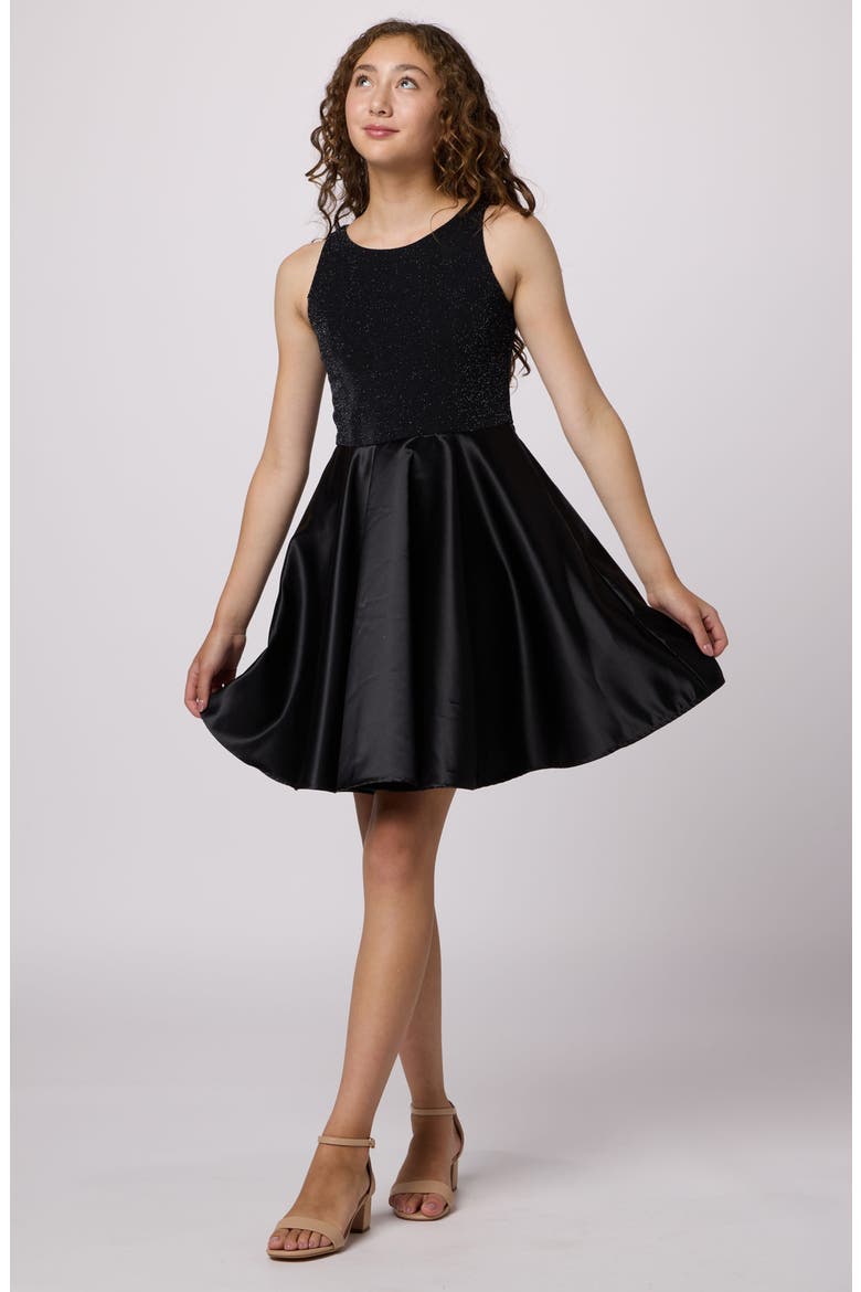 Glitter and Satin Racerback Dress in Longer Length, Main, color, BLACK