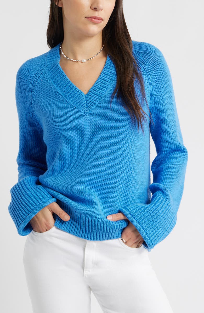 Caslon<sup>®</sup> Oversize V-Neck Cotton Sweater, Main, color, Blue Palace
