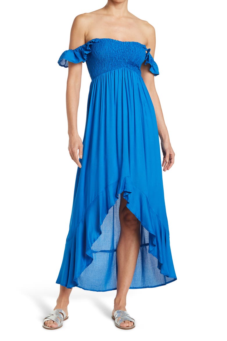 Off the Shoulder Hi-Low Dress, Main, color, SOLID LAPIS BLUE