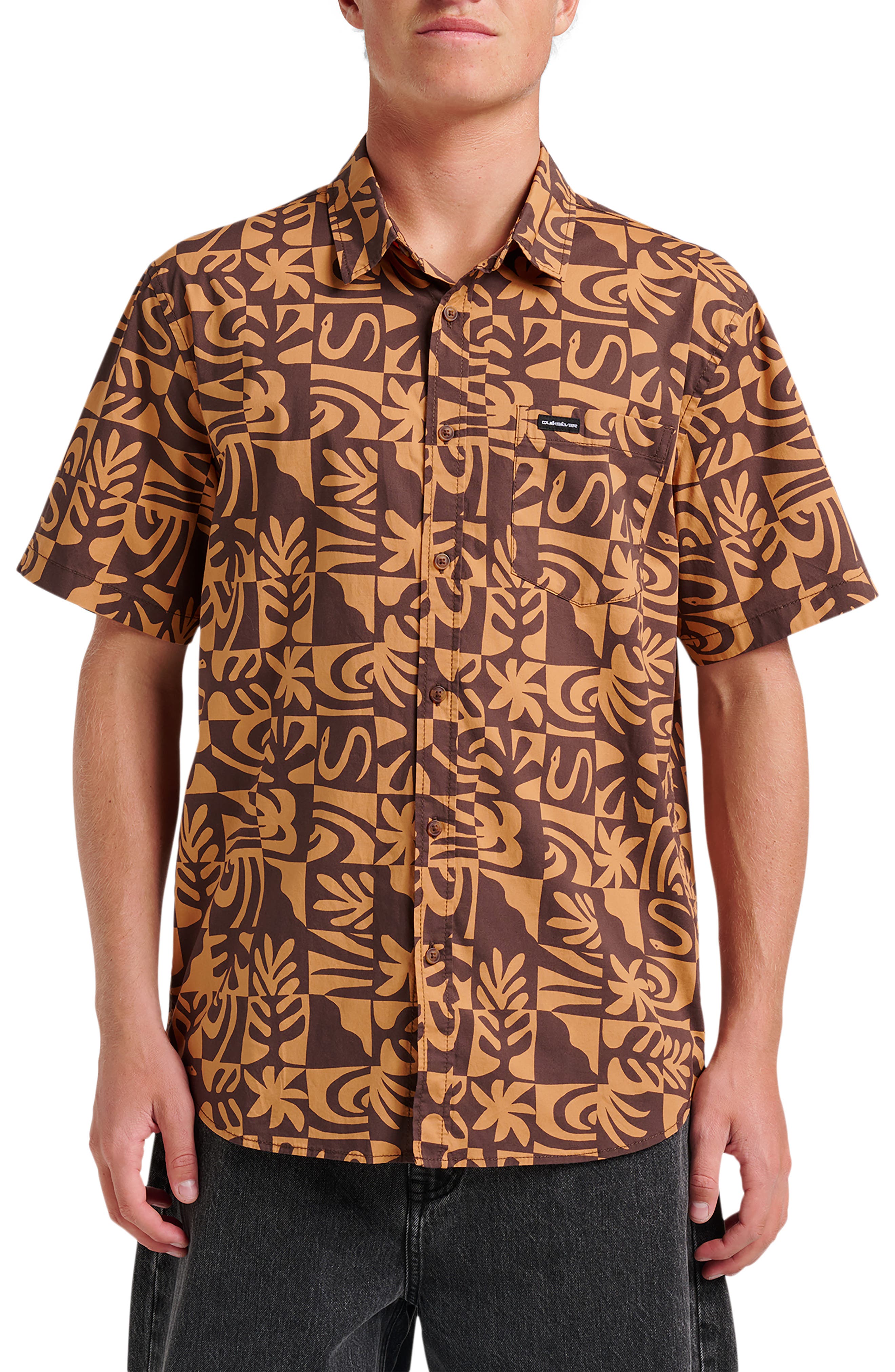 Quiksilver Terra Classic Abstract Print Short Sleeve Stretch Cotton Button-Up Shirt
