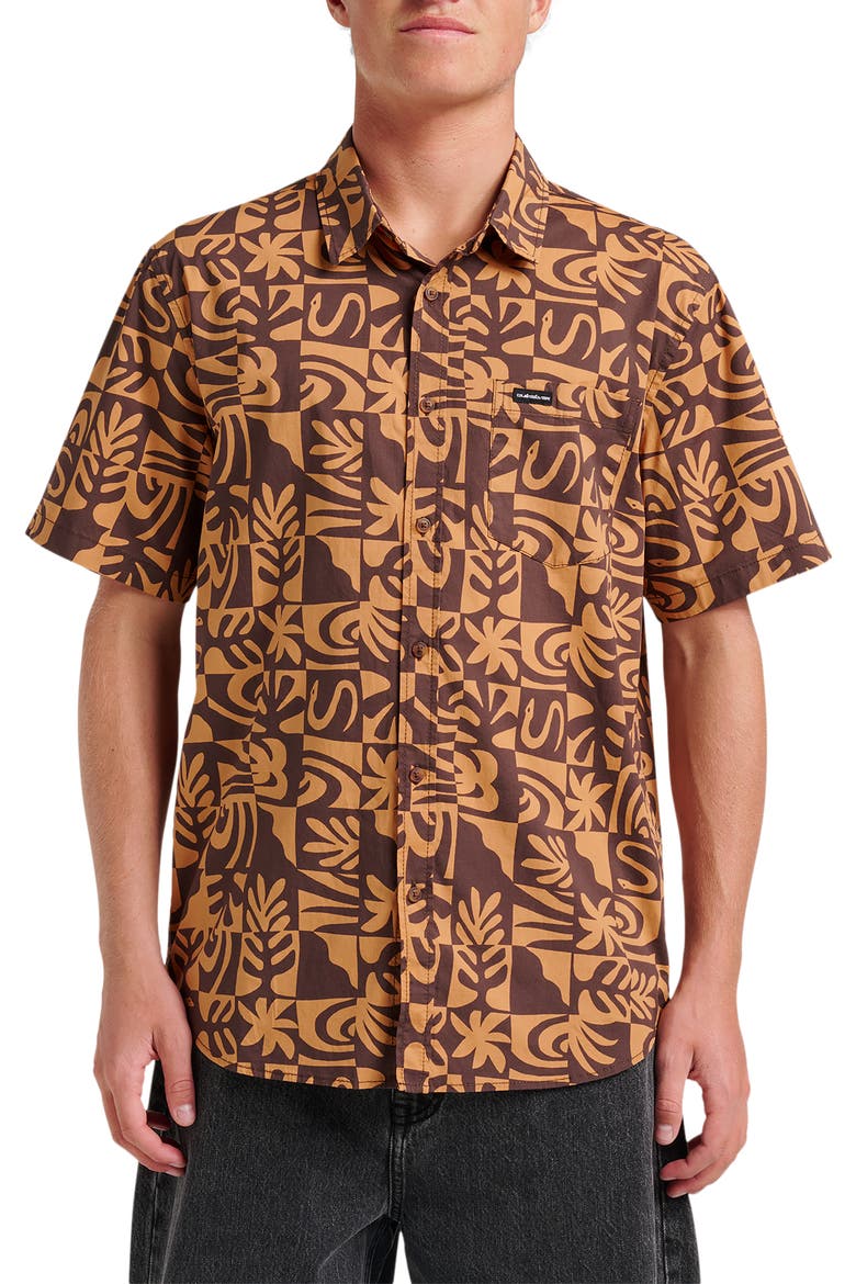Terra Classic Abstract Print Short Sleeve Stretch Cotton Button-Up Shirt, Main, color, CHOCOLATE