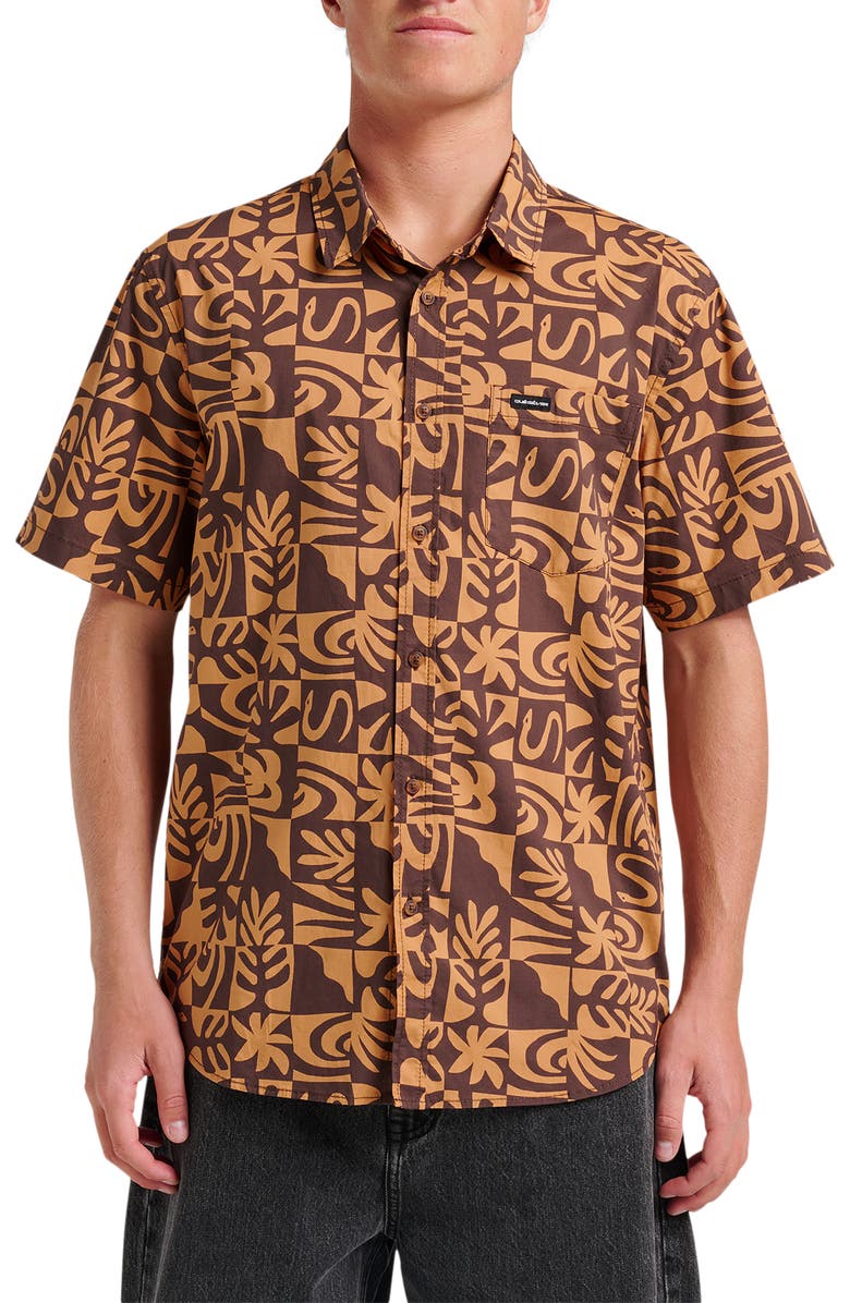 Quiksilver Terra Classic Abstract Print Short Sleeve Stretch Cotton Button-Up Shirt, Main, color,