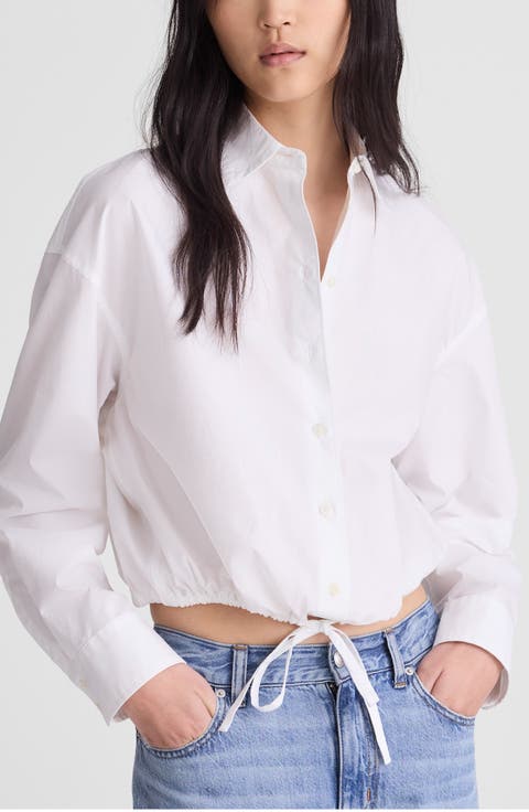 Drawstring Button-Up Shirt in Cotton Poplin