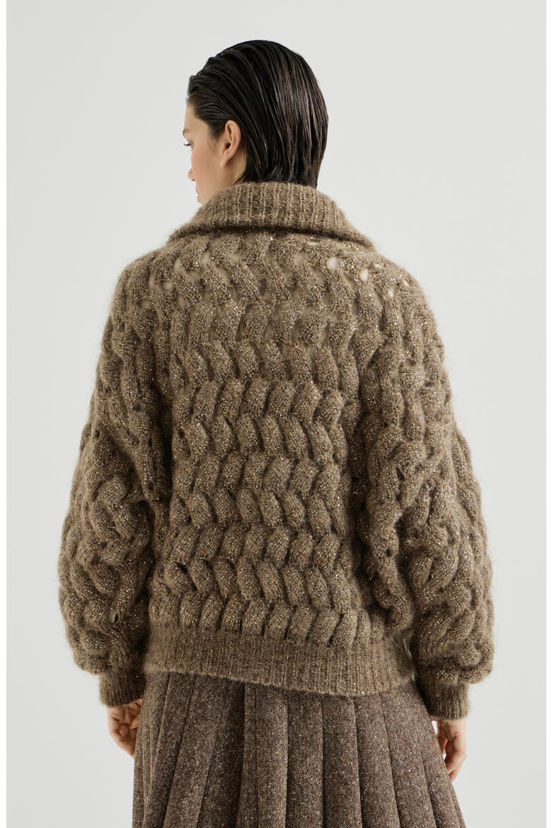 Dazzling zigzag cables cardigan in mohair and wool, Alternate, color, Bark