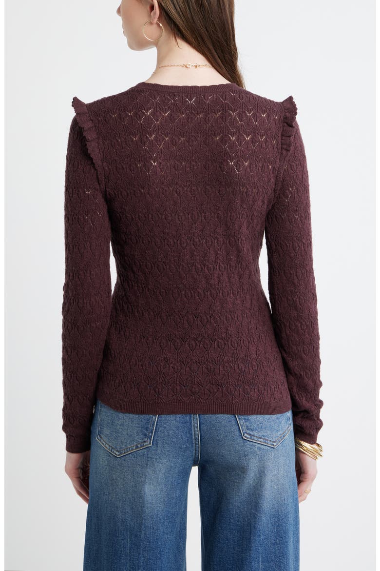 Ruffle Trim Pointelle Stitch Cotton Blend Sweater, Alternate, color, BURGUNDY FUDGE