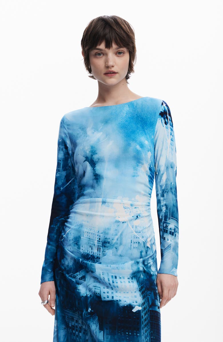 Desigual Print Long Sleeve Maxi Dress, Alternate, color, Blue