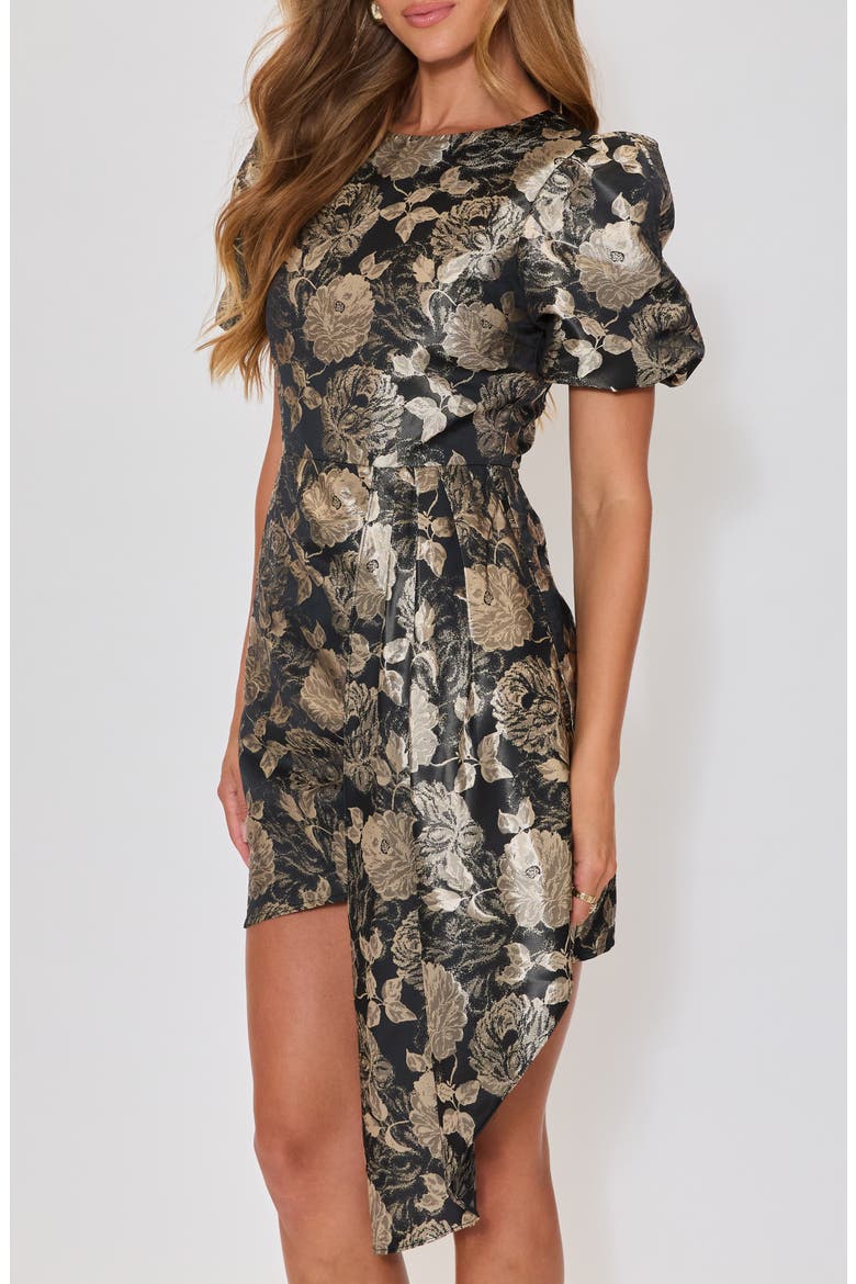 Holly Floral Brocade Pleated Drape Minidress, Alternate, color, BLACK/ GOLD