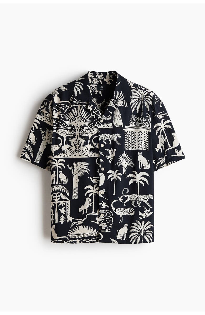 H&M Relaxed Fit Printed Resort Shirt, Main, color, Black