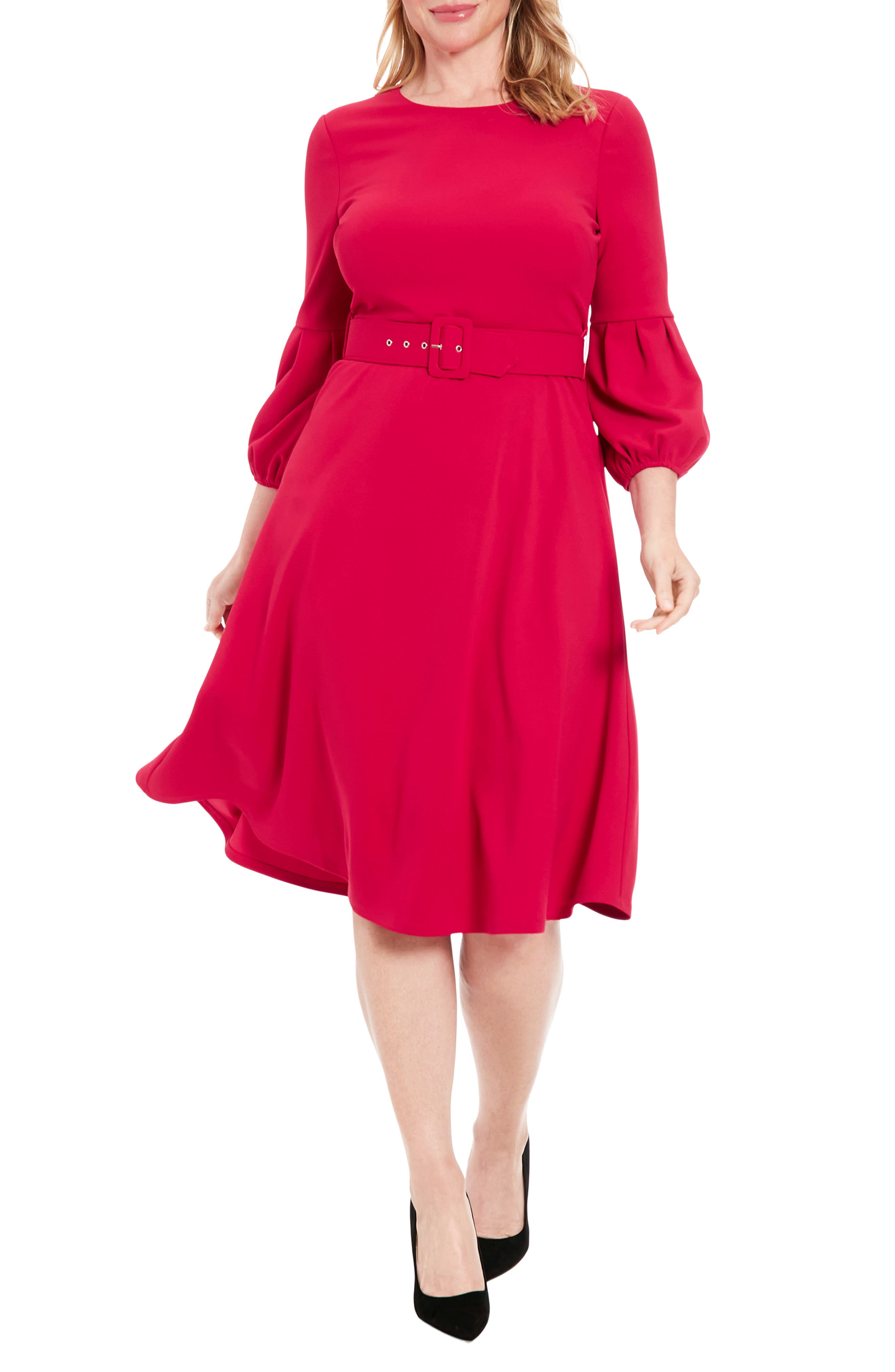London Times Pleated Sleeve Belted Fit & Flare Dress