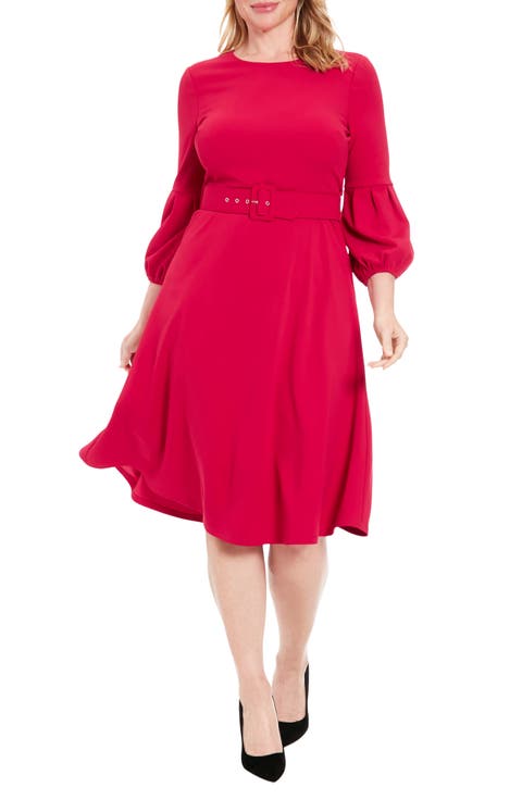 Pleated Sleeve Belted Fit & Flare Dress