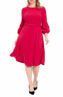 London Times Pleated Sleeve Belted Fit & Flare Dress
